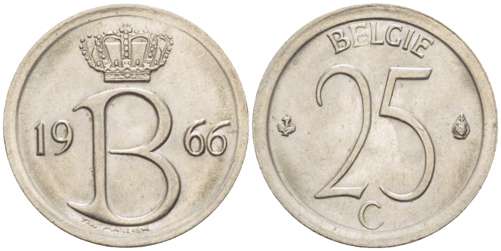 Бельгия 25 сантимов 1966 Belgie, Бодуэн I (1951-1993) KM 154.1 медно-никель UNC 3996-1261