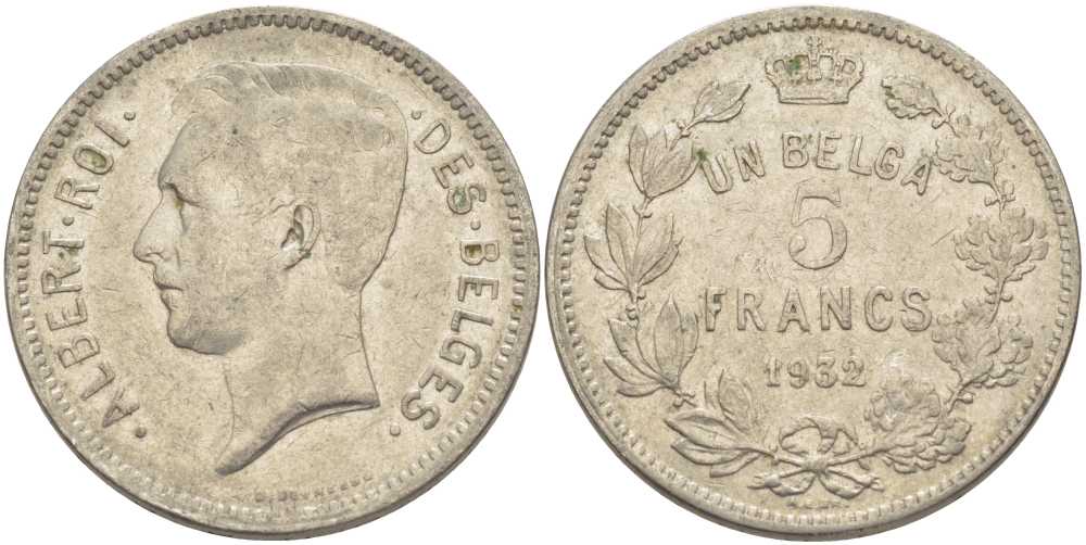 БЕЛЬГИЯ 5 ФРАНКОВ 1932 АЛЬБЕРТ I, DES BELGES KM 97.1 никель 3851-222