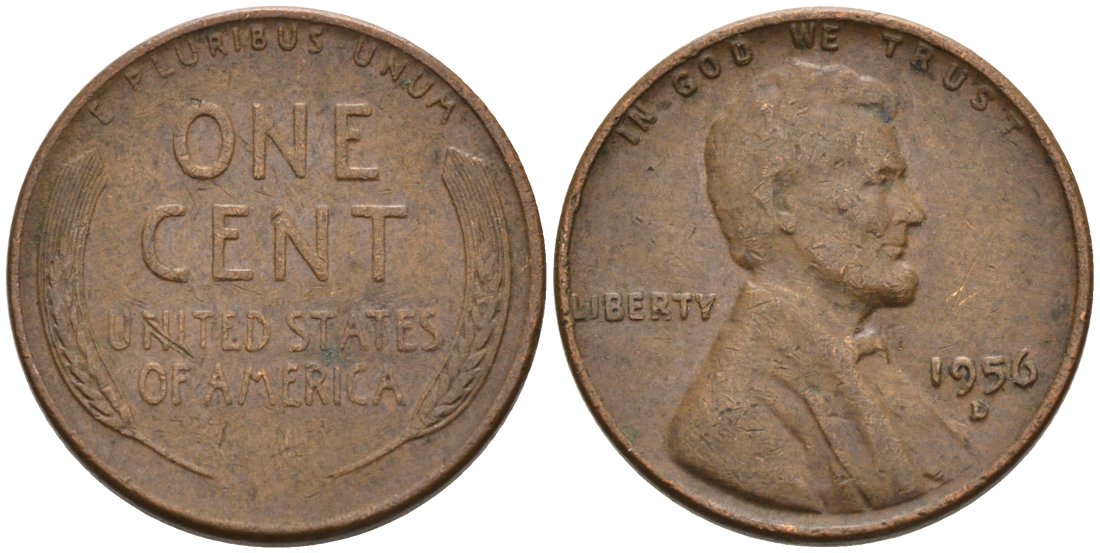 США 1 цент 1956 D, Линкольн KM А132 медь цинк 4564-258