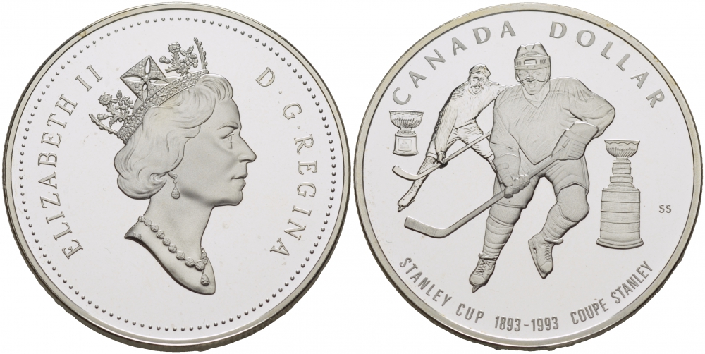 Канада 1 доллар 1993 кубок Стенли по хоккею с шайбой KM 235 серебро PROOF 1087-6-34