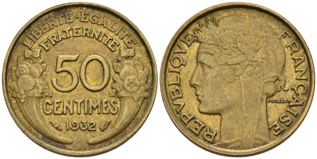 Франция 50 сантимов 1932 KM 894.1, Le Franc 192.15 алюминиевая бронза 4596-747