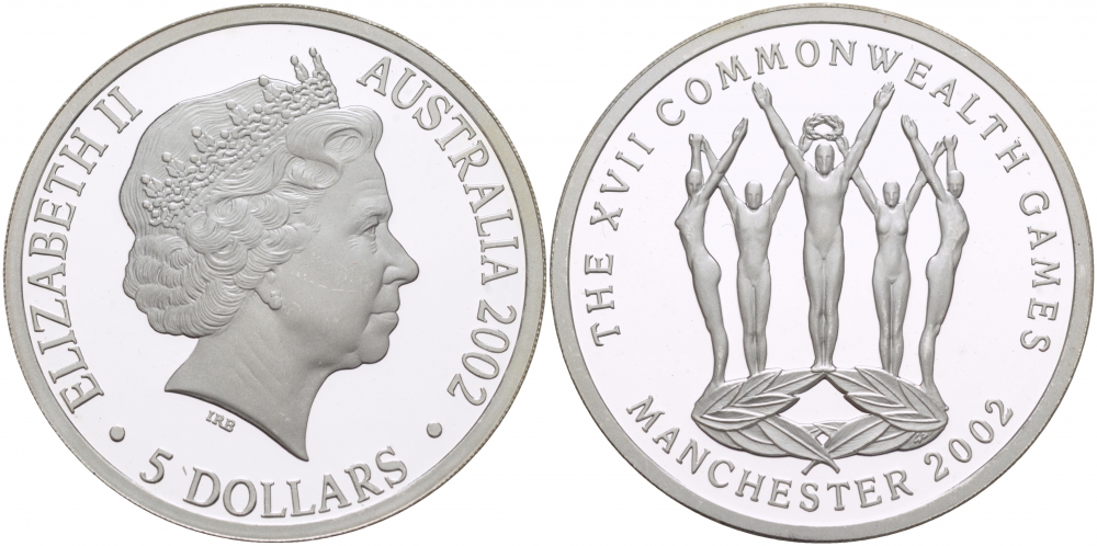 Австралия 5 долларов 2002 XVII Игры Содружества, гимнасты KM 652 серебро PROOF 1068-2-43