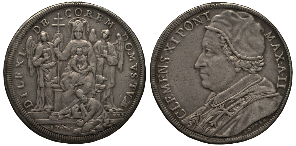 Ватикан 1 пиастр 1702 Климент XI. На восстановление базилики Санта-Мария-ин-Трастевере, повреждение гурта Dav. 1429, Muntoni 33 серебро 10-005-52