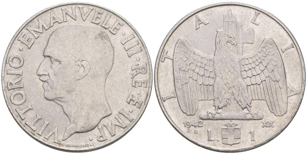ИТАЛИЯ 1 ЛИРА 1942 R, ГОД XX, ВИКТОР ЭММАНУИЛ III (1900-1946) KM 77b, VEM3. 1102 нержавеющая сталь 3855-446