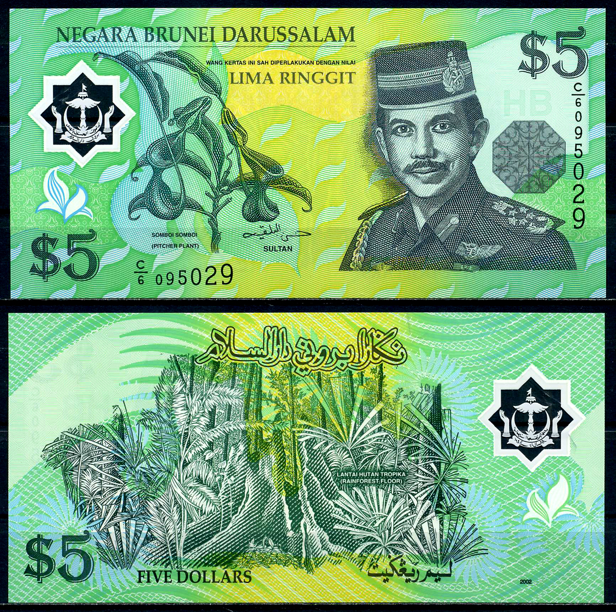 Бруней 5 ринггитов 2002 султан Хассанал Болкиах I (1967-) Pick 23 пластик UNC (пресс) 000-00-00