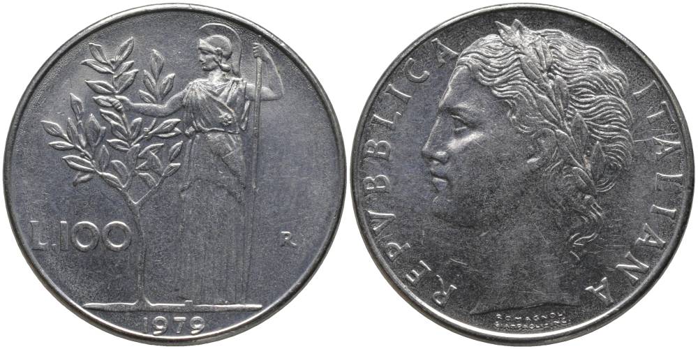 ИТАЛИЯ 100 ЛИР 1979 R, АФИНА KM 96.1 нержавеющая сталь 109-923