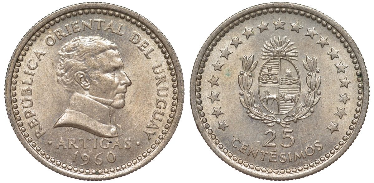 Уругвай 25 сентесимо 1960 KM 40 медно-никель 4580-1211