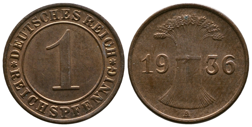Германия 1 рейхспфенниг 1936 A KM 37, J. 313 бронза 4220-142