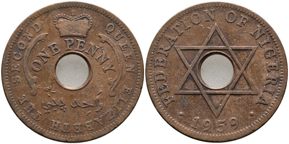 Нигерия 1 пенни 1959 Елизавета II (1952-), Британский протекторат KM 2 бронза 51-226