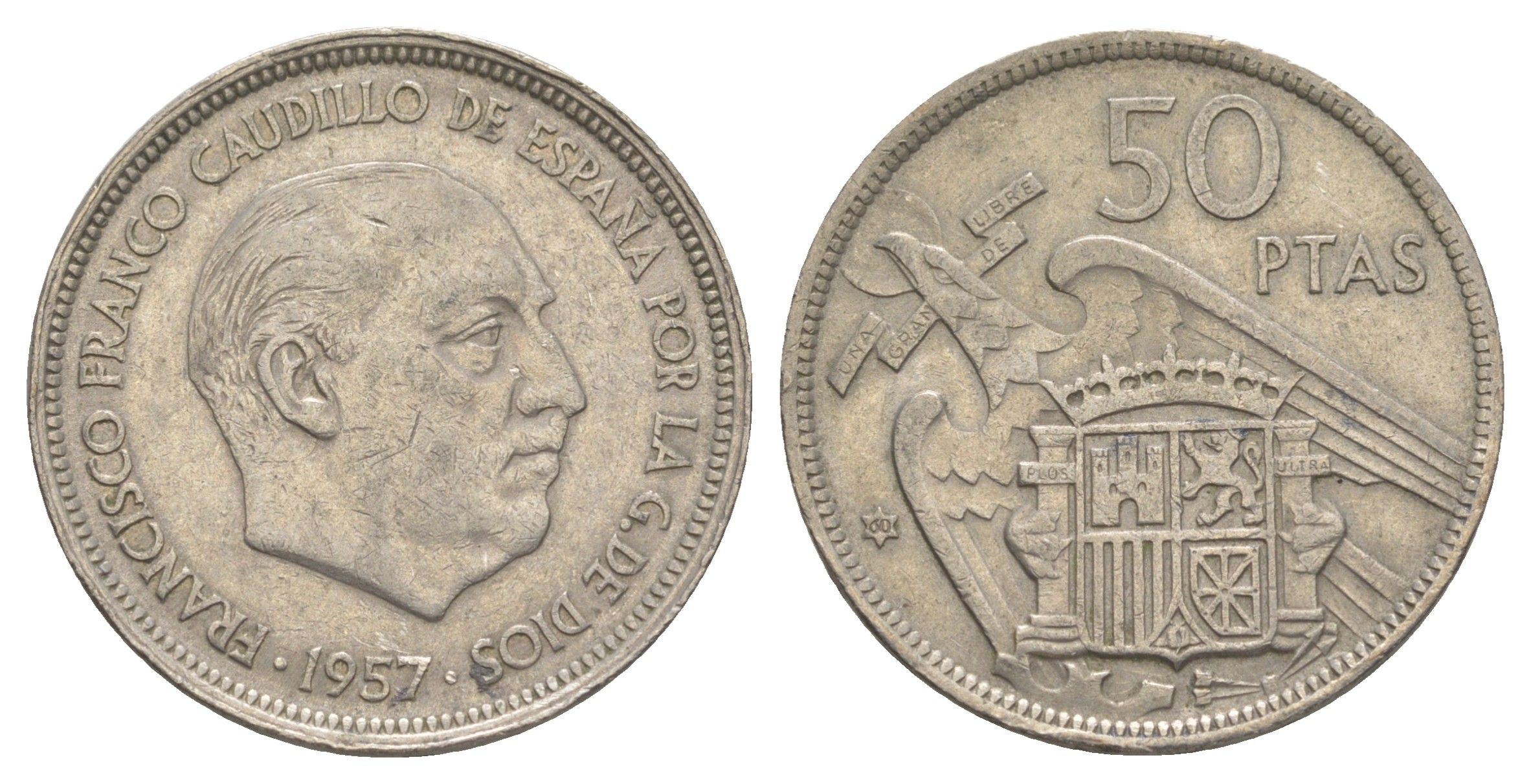 Испания 50 песет 1957 (60) Франсиско Франко (1939-1975) KM 788 медно-никель 4645-521