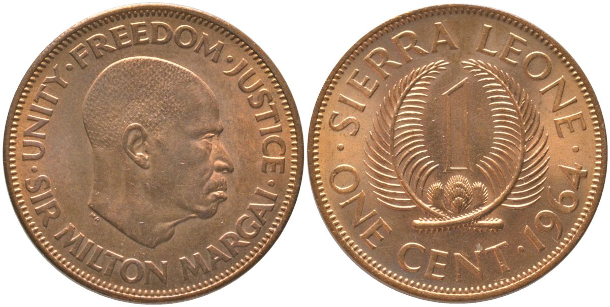 Сьерра-Леоне 1 цент 1964 Милтон Маргаи KM 17 бронза UNC 73-311