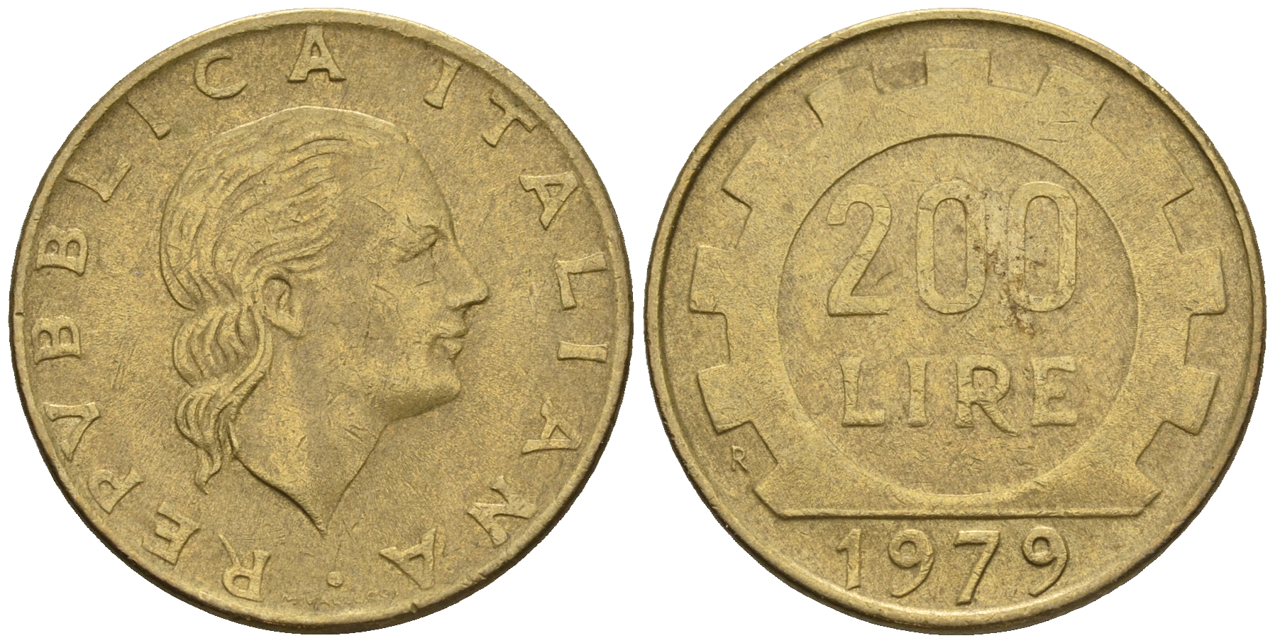 Италия 200 лир 1979 R, шестерня KM 105 алюминиевая бронза 85-437