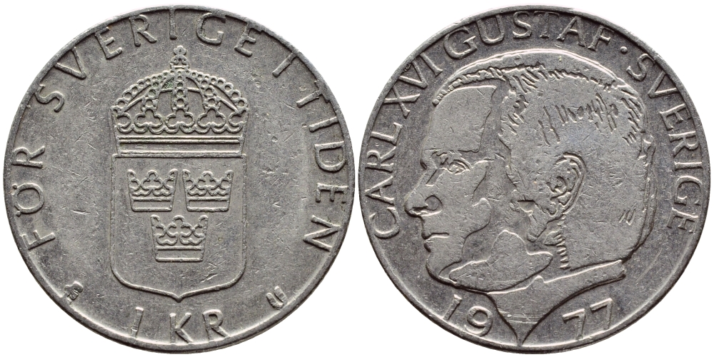 Швеция 1 крона 1977 Карл XVI Густав (1973- ) KM 852 медь плакированная медно-никелем 4397-836