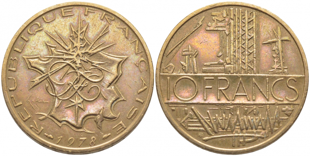 Франция 10 франков 1978 тип Матье KM 940, Le Franc 365.11-12 никель латунь 110-1035