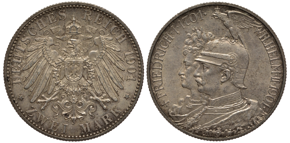 Пруссия 2 марки 1901 A, 200 лет Прусской королевской династии (Фридрих I - Вильгельм II) J.105, Weege 105, KM 525 серебро 3711-1115