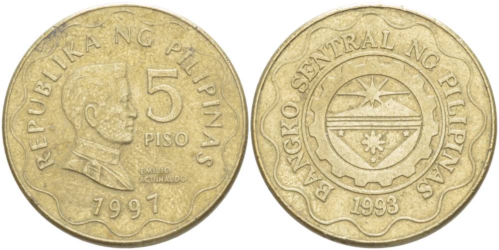 ФИЛИППИНЫ 5 ПИСО 1997 ЭМИЛИО АГИНАЛЬДО KM 272 никель латунь 4542-813