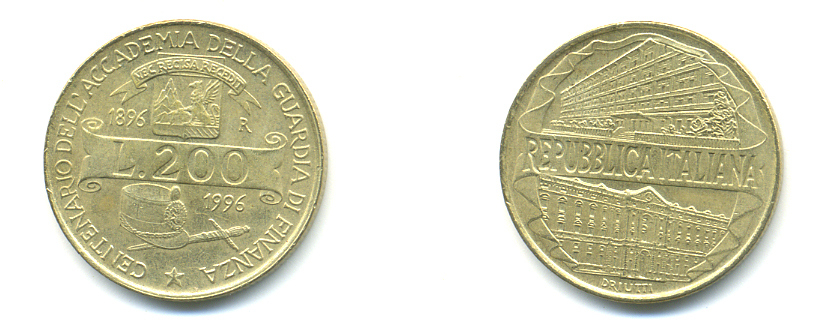Италия 200 лир 1996 R, 100 лет Академии таможенной службы KM 184 алюминиевая бронза 89-731