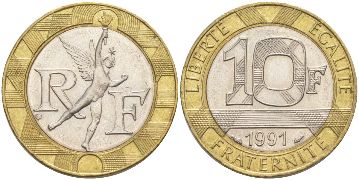 Франция 10 франков 1991 тип гений Бастилии KM 964.1, Le Frank 375.6 биметалл 4519-322