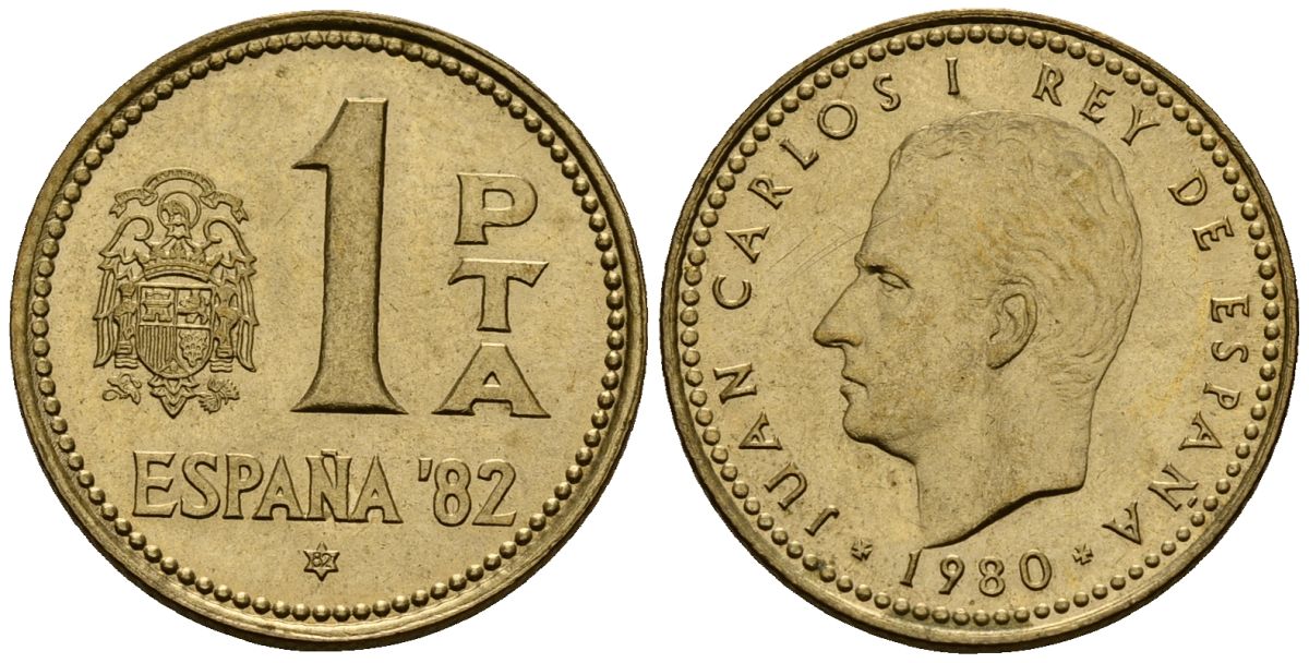 Испания 1 песета 1980 Чемпионат мира по футболу в Испании 1982 года, Хуан Карлос I (1975-2014) KM 816 алюминиевая бронза 4176-432