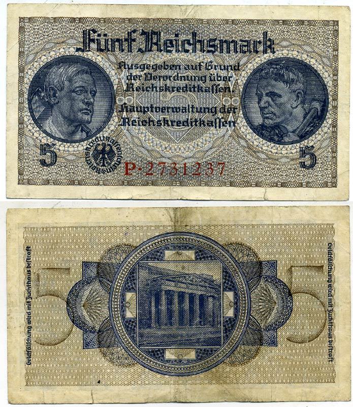 ГЕРМАНИЯ 5 РЕЙХСМАРОК 1940-1945 ДЛЯ ОККУПИРОВАННЫХ ТЕРРИТОРИЙ Pick R138a бумага 3295-89-1-1
