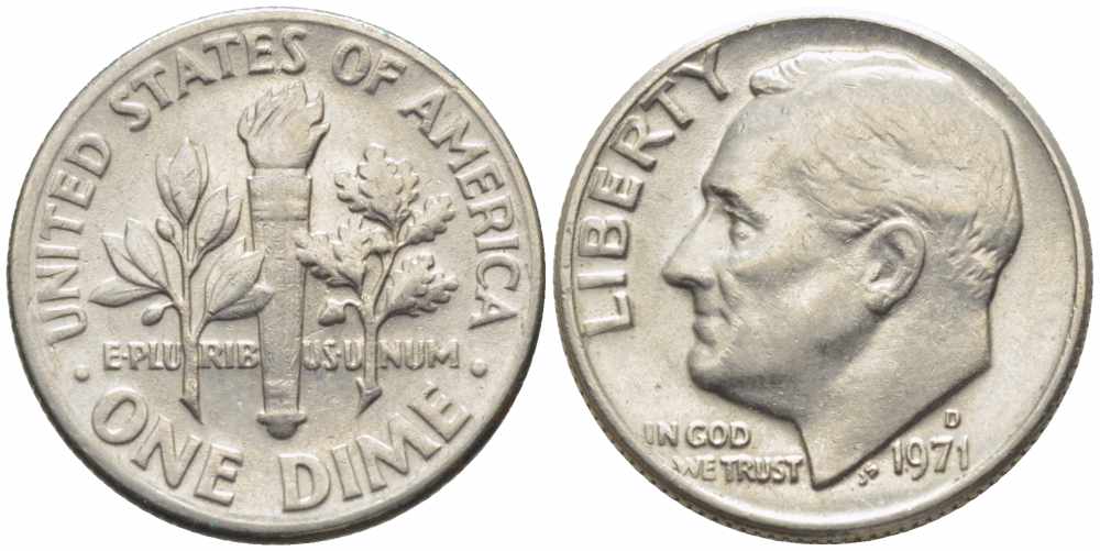 США 10 ЦЕНТОВ = 1 ДАЙМ 1971 D, РУЗВЕЛЬТ KM 195а медь плакированная медно-никелем 112-425