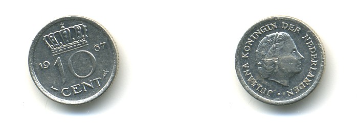 НИДЕРЛАНДЫ 10 ЦЕНТОВ 1967 ЮЛИАНА KM 182 никель 4364-537