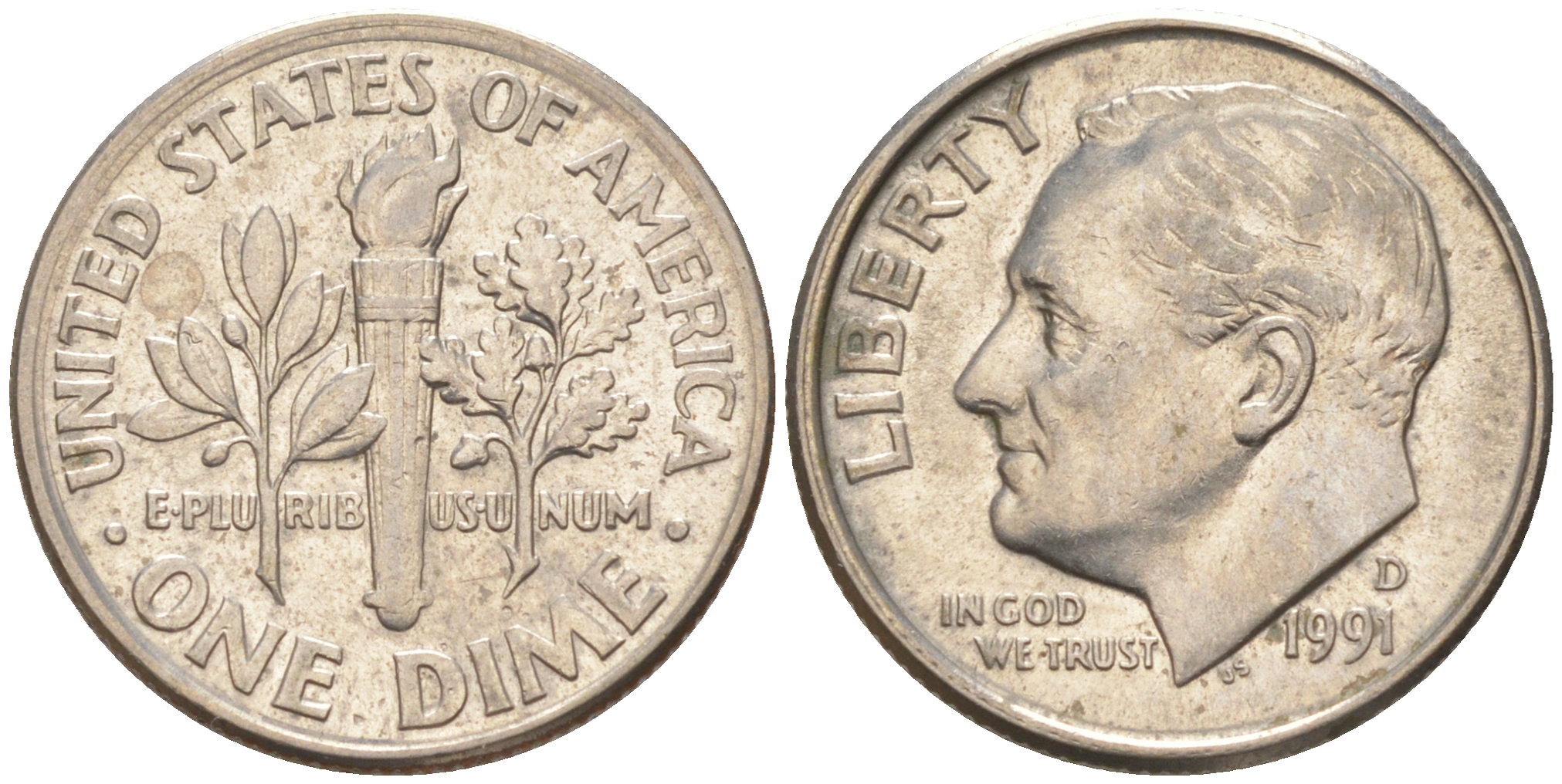 США 10 ЦЕНТОВ = 1 ДАЙМ 1991 D, РУЗВЕЛЬТ KM 195a медь плакированная медно-никелем 187-1066