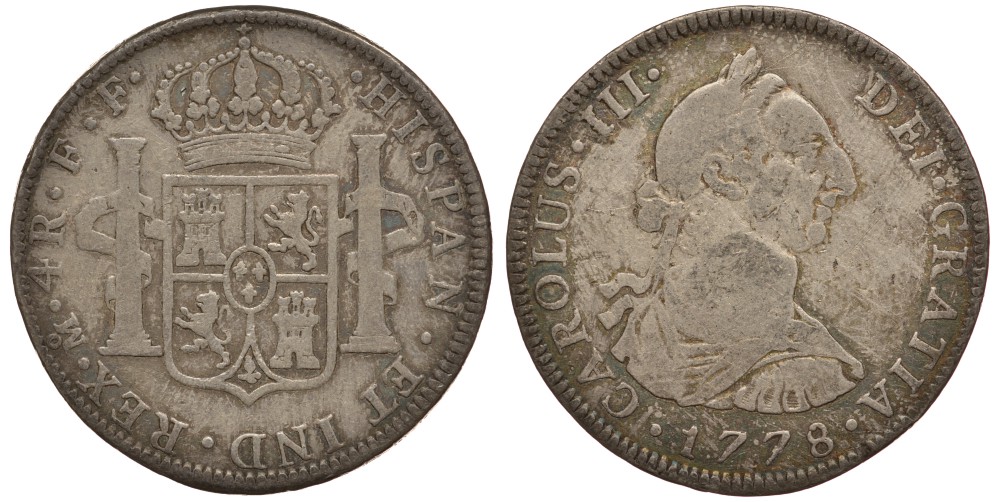 Мексика 4 реала 1778 FF, монетный двор Mo (Мехико Сити), Карл III Испанский, красивая золотисто-голубая патина KM 97.2 серебро 00-802-09