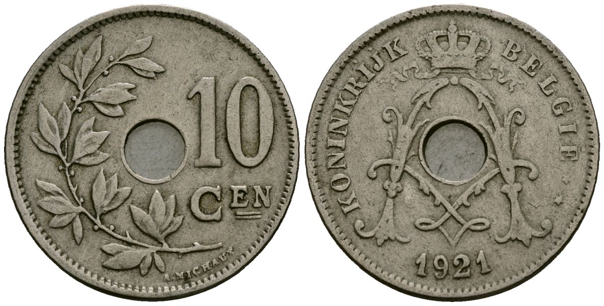 Бельгия 10 сантимов 1921 Belgie KM 86 медно-никель 4172-622
