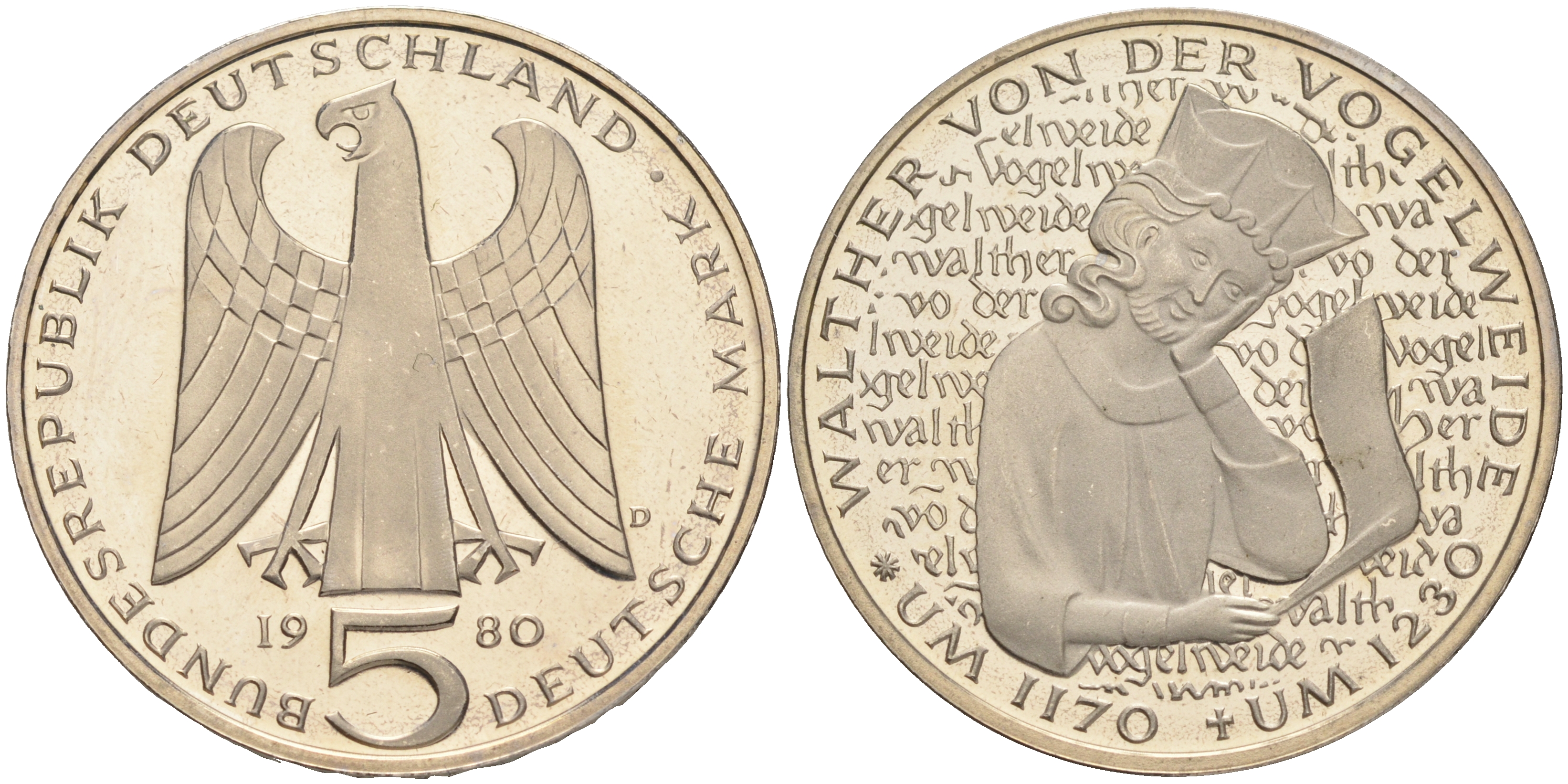 ФРГ 5 МАРОК 1980 D, 750 ЛЕТ СО ДНЯ СМЕРТИ ВАЛЬТЕРА фон дер ФОГЕЛЬВЕЙДЕ KM 152, J. 427 медно-никель плакированный никелем плакированный никелем PROOF 02-265-32
