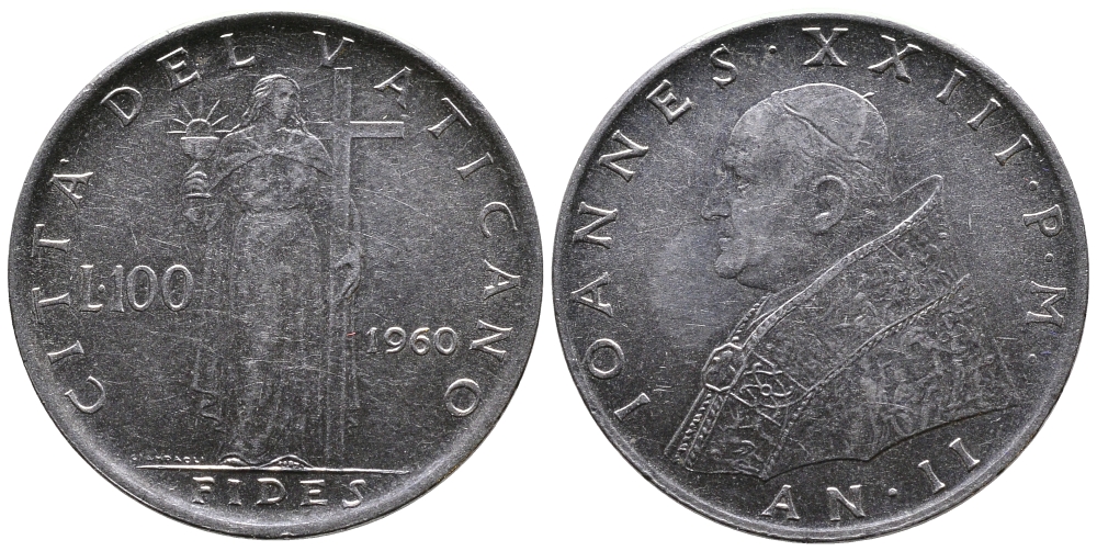 ВАТИКАН 100 ЛИР 1960 ДЖОН XXIII KM 64.2 сталь 83-1145