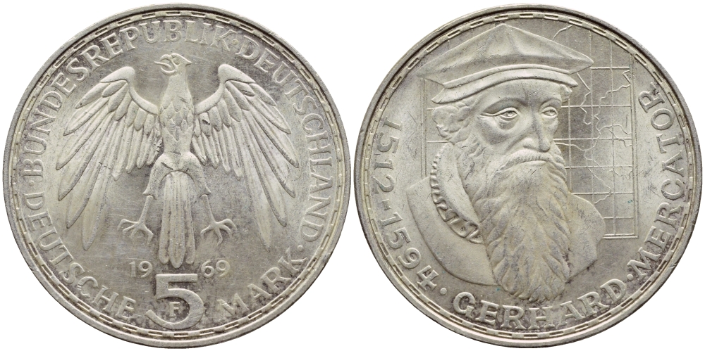 ФРГ 5 марок 1969 F, 375 лет со дня смерти Герарда Меркатора J. 400, KM 126.1 серебро 87-1025