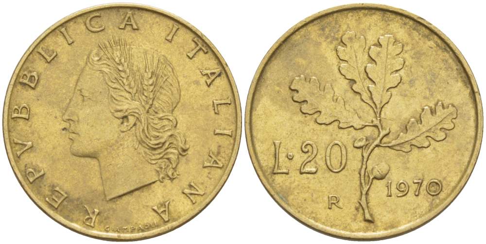 ИТАЛИЯ 20 ЛИР 1970 R, ДУБОВЫЕ ЛИСТЬЯ KM 97.2 алюминиевая бронза 4519-545