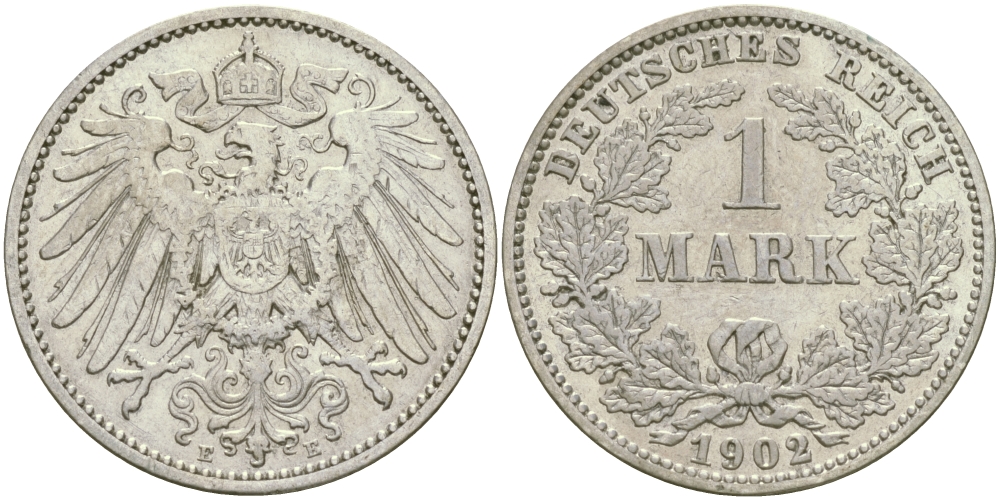 Германия 1 марка 1902 E Weege 18, J. 17, KM 14 серебро aUNC 413-5532