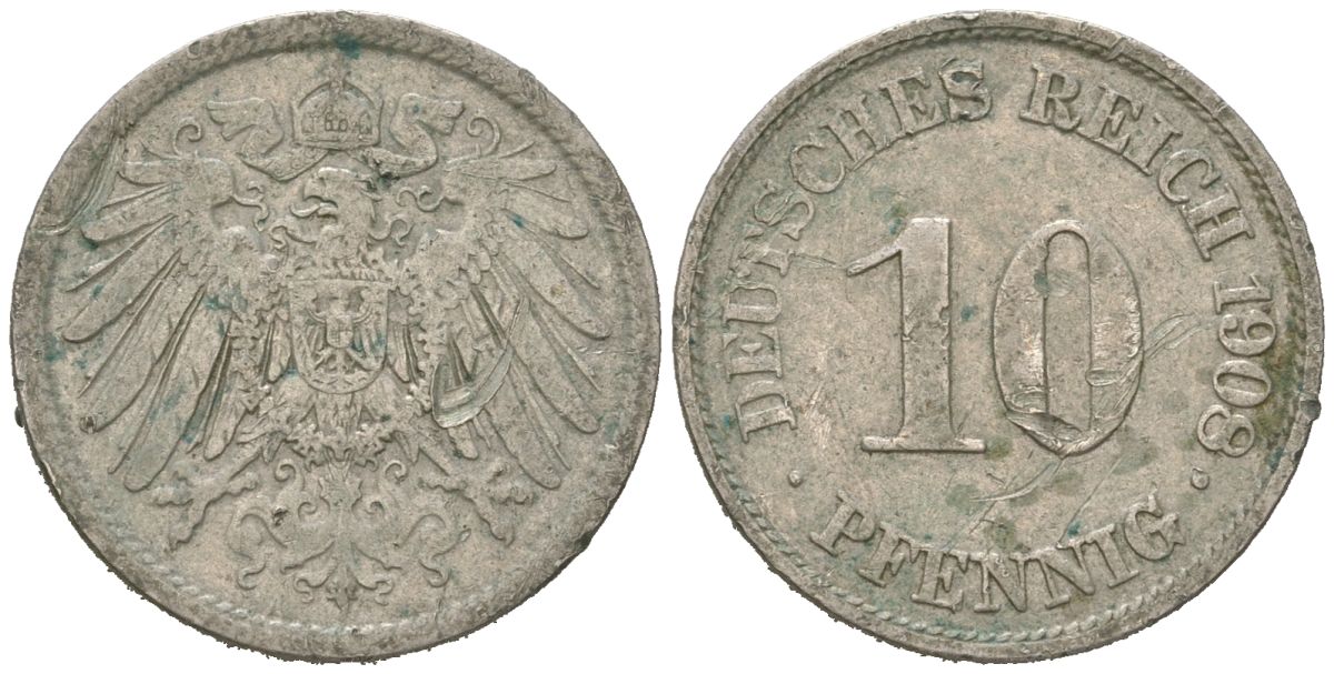 Германия 10 пфеннигов 1908 A, Вильгельм II (1888-1918) KM 12, J. 13 медно-никель 4615-749