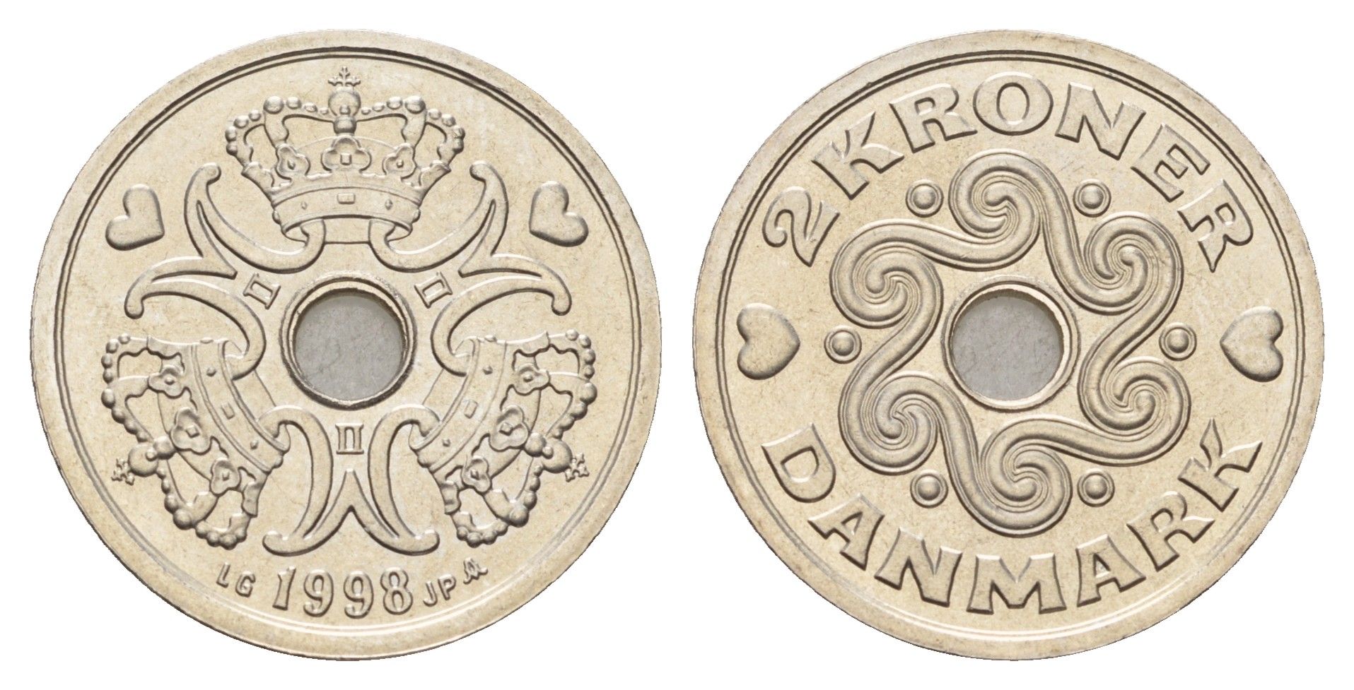 Дания 2 кроны 1998 Маргрете II (1972-2024) KM 874 медно-никель UNC 176-547