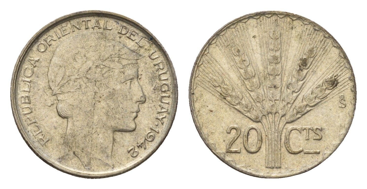 Уругвай 20 сентесимо 1942 год-тип KM 29 серебро 4669-628