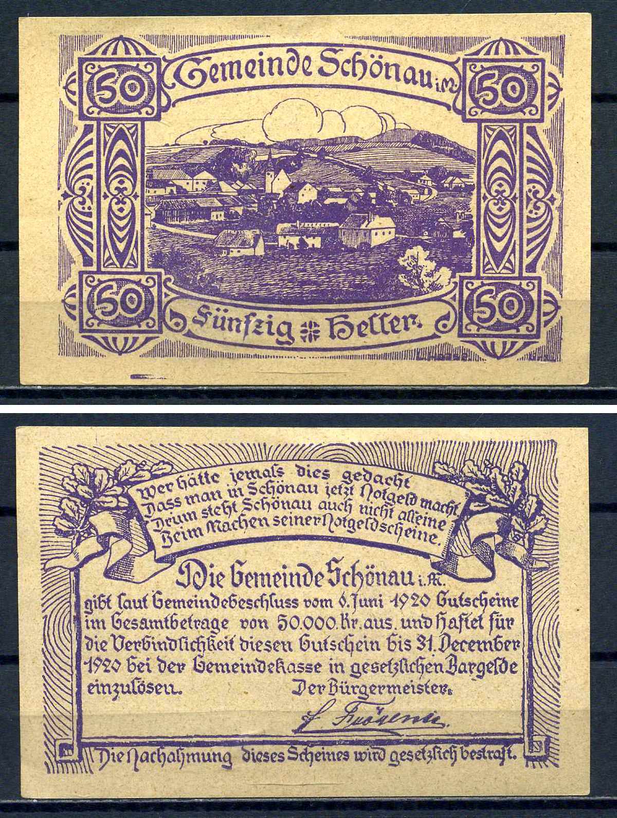 Шёнау-им-мюлькрайс (Австрия) 50 геллеров 1920 Jaksc/Pick?JPR0966b-50 бумага UNC (пресс) 7556-32-1-2