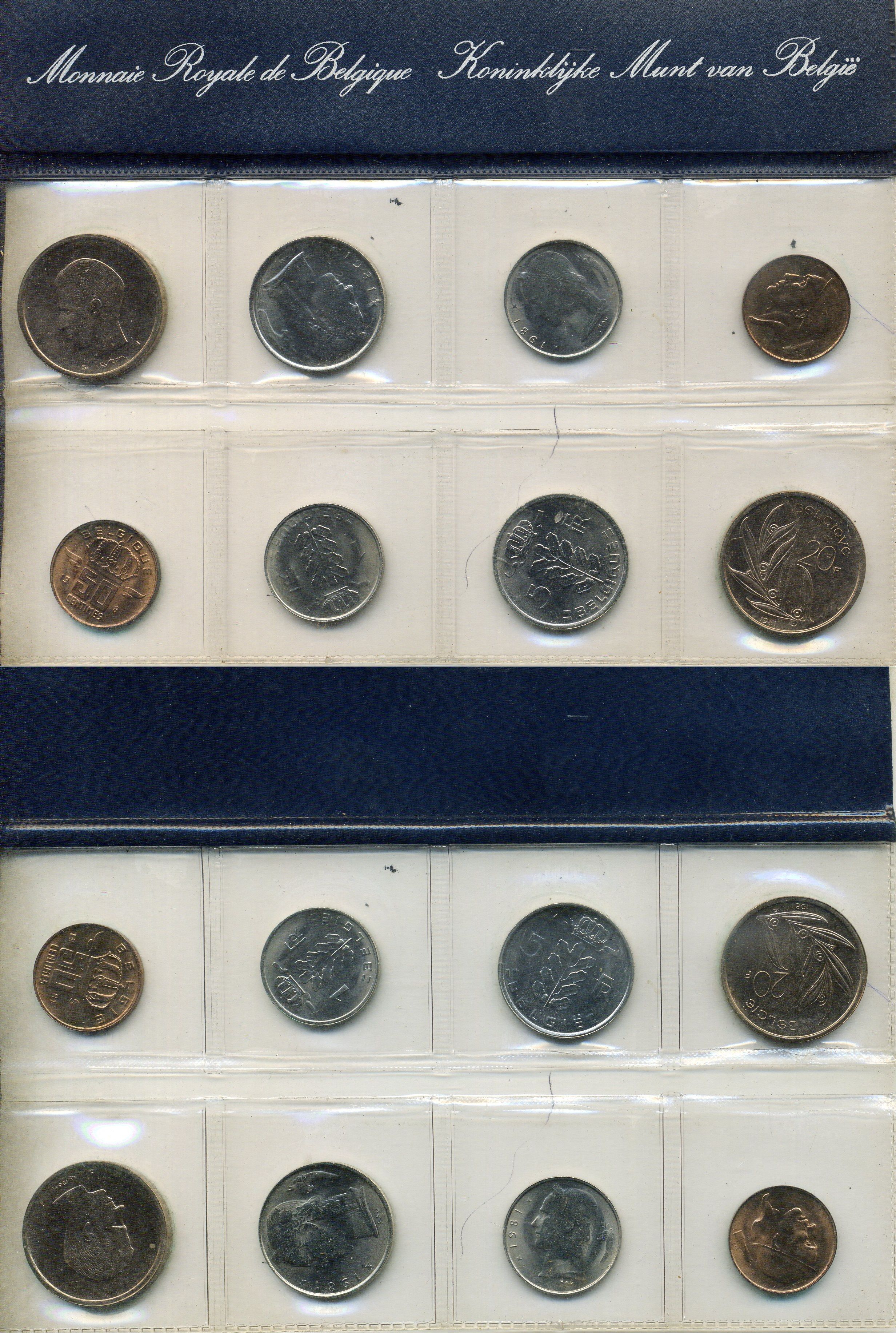 Бельгия набор из 8 монет (50 сантимов; 1, 5 и 10 франков) 1981 Belgie - Belgique, в оригинальном буклете мондвора KM SS17 (134.1, 135.1, 142.1, 143.1, 148.1, 149.1, 155.1 и 156.1) UNC 8-2-05-90