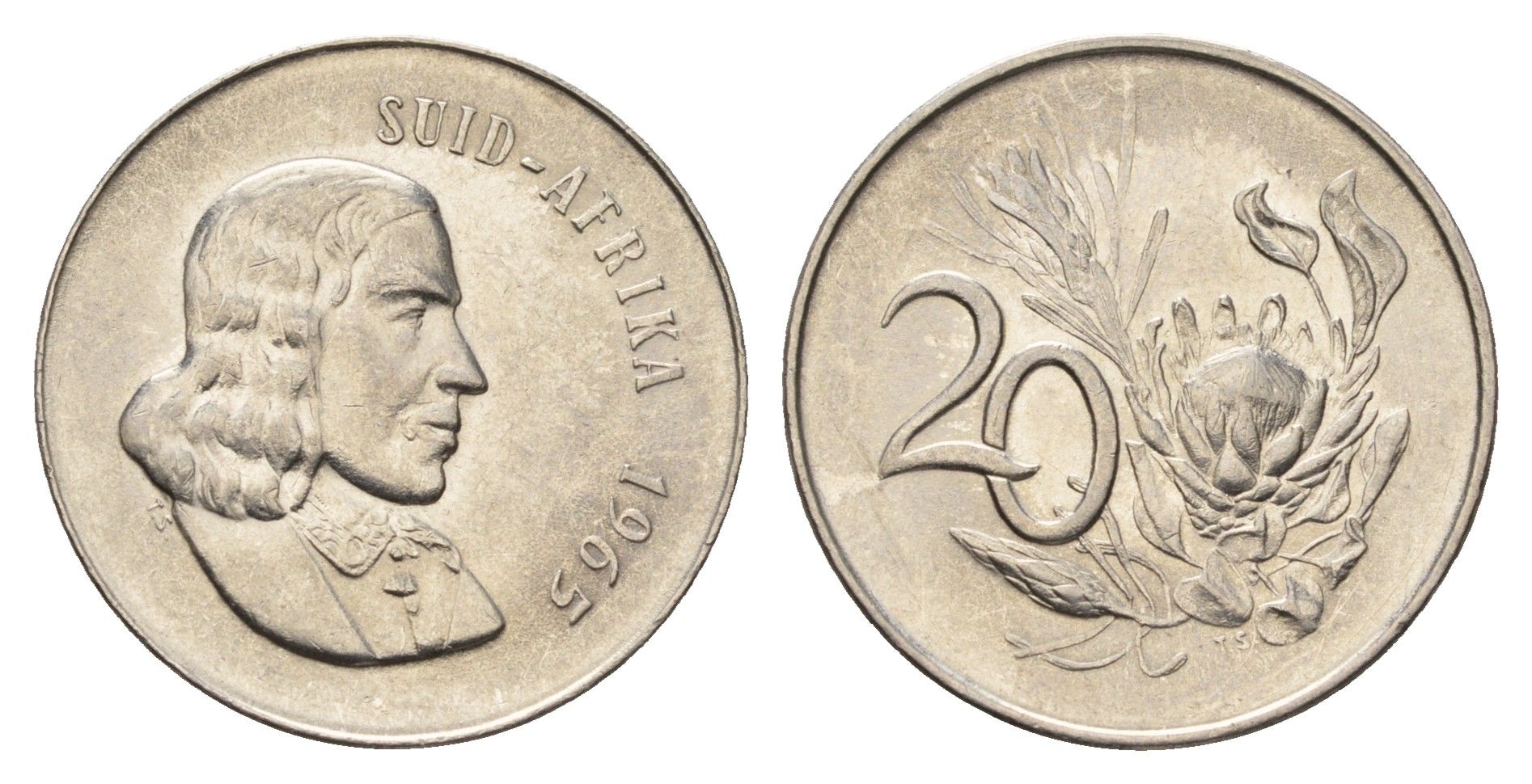 ЮАР 20 центов 1965 Ян ван Рибек (1619-1677), Suid Africa, легенда на африкаанс, цветок протея KM 69.2 никель 4693-645
