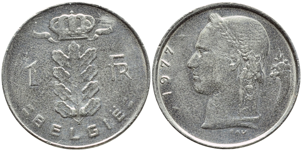 БЕЛЬГИЯ 1 ФРАНК 1977 BELGIE KM 143.1 медно-никель 4379-254