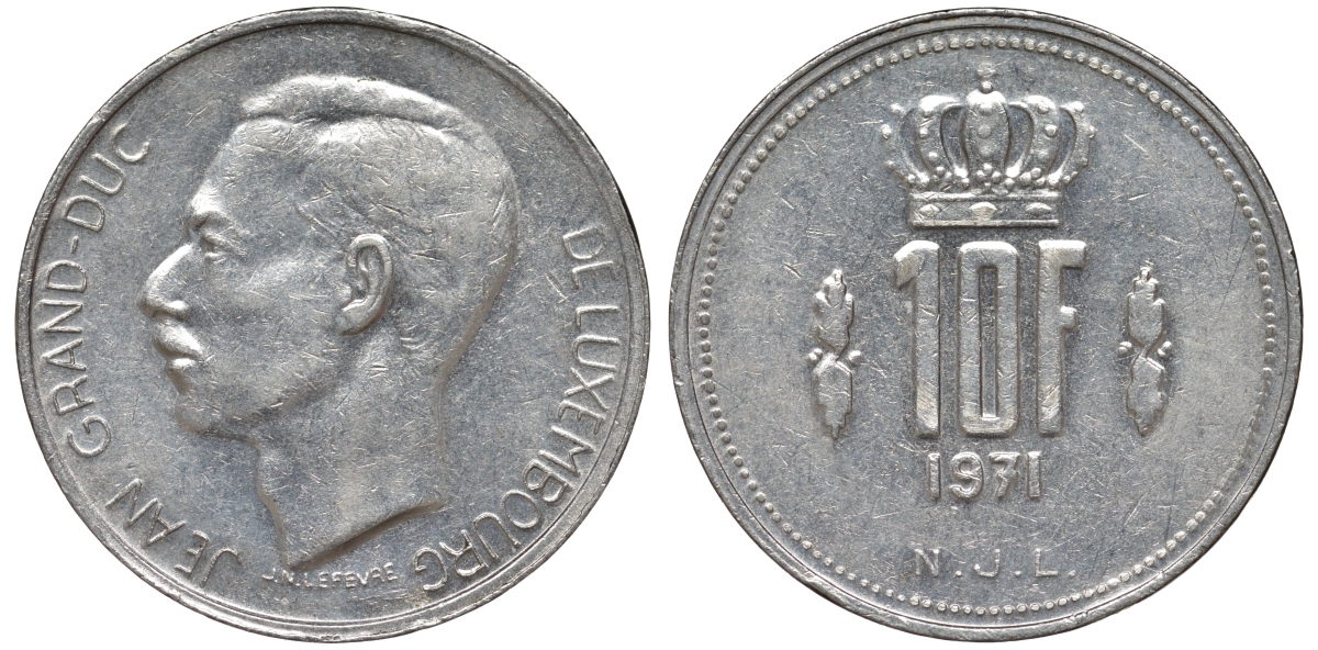 Люксембург 10 франков 1971 Великий герцог Жан (1964-2000) KM 57 никель 4144-142
