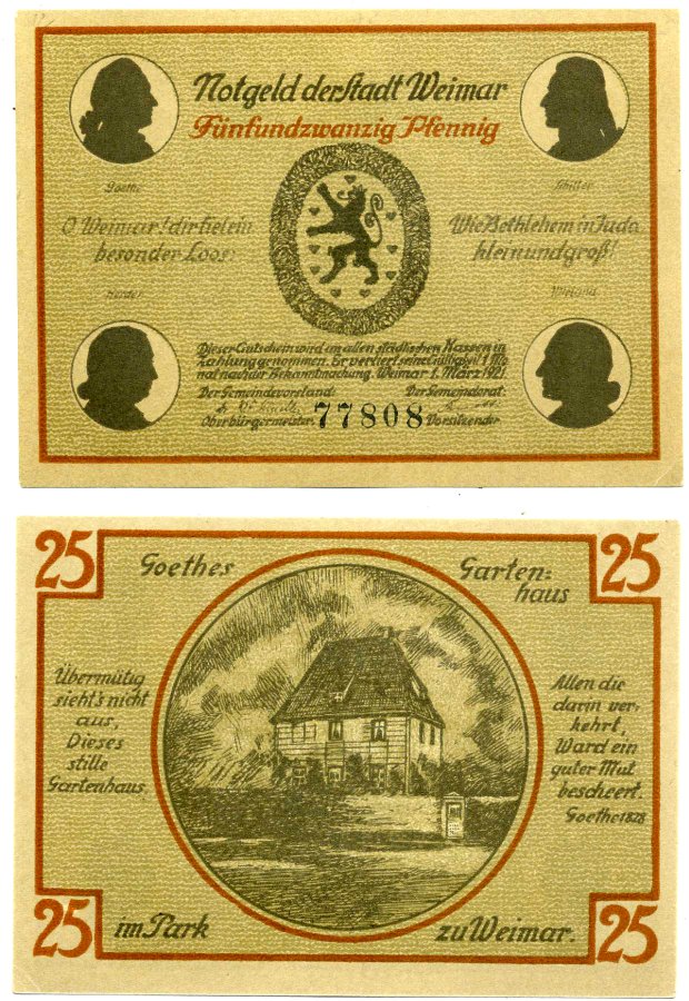 Веймар 25 пфеннигов 1921 1 марта 1921, нотгельд (GOETTHEHAUSE), земля Тюрингия, без DRFA Grabowski 1398.3а бумага 2196-5-3-2