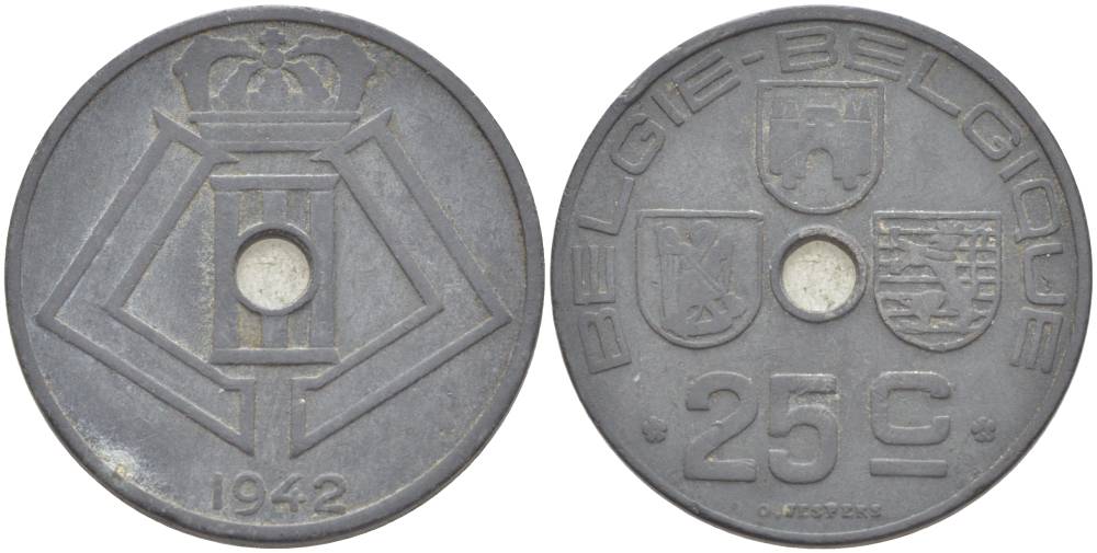 БЕЛЬГИЯ 25 САНТИМОВ 1942 BELGIE-BELGIQUE, ГЕРМАНСКАЯ ОККУПАЦИЯ, ВТОРАЯ МИРОВАЯ ВОЙНА KM 132 цинк 4546-156