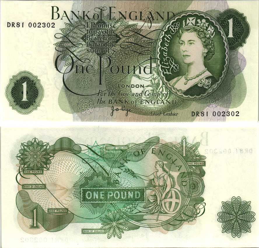 АНГЛИЯ 1 ФУНТ 1970-1977 ПОДПИСЬ J.B. PAGE Pick 374g бумага UNC (ПРЕСС) 7214-3-3-1