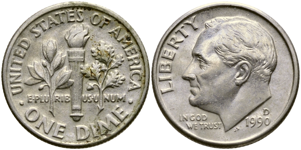 США 10 ЦЕНТОВ = 1 ДАЙМ 1990 D, РУЗВЕЛЬТ KM 195а медь плакированная медно-никелем 46-2356