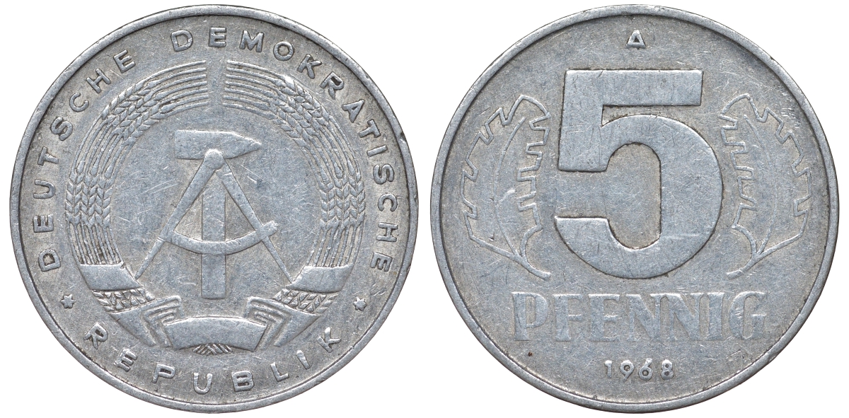 ГДР 5 ПФЕННИГОВ 1968 A KM 9.1 алюминий 62-147