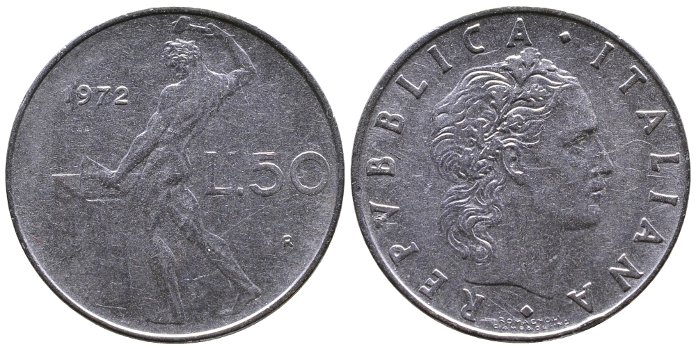 ИТАЛИЯ 50 ЛИР 1972 R, КУЗНЕЦ KM 95.1 сталь 3333-834