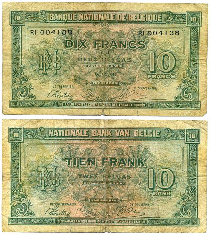 БЕЛЬГИЯ 10 ФРАНКОВ - 2 БЕЛГА 1943 (1944) 1 ФЕВРАЛЯ 1943 Pick 122 бумага 6262-50-1-2