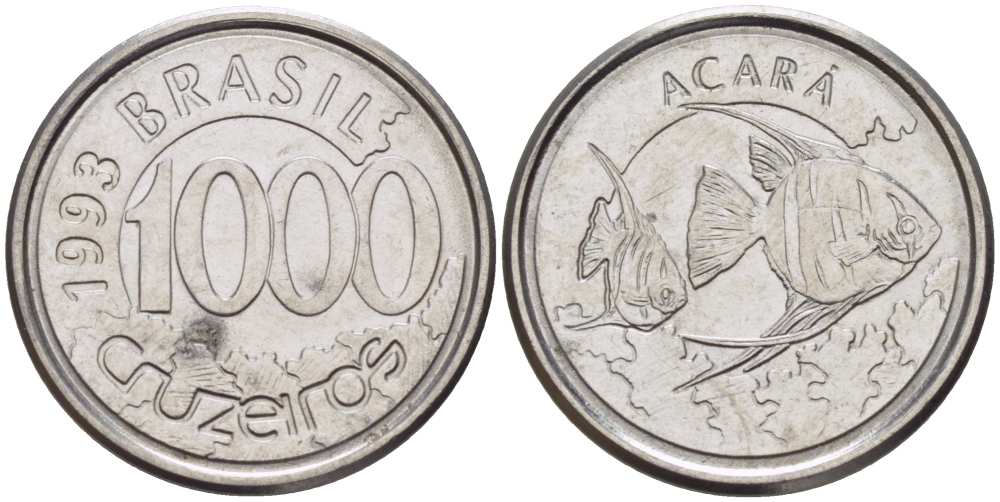 Бразилия 1000 крузейро 1993 реформа 1990-1993, рыбка Акара KM 626 нержавеющая сталь 26-1617